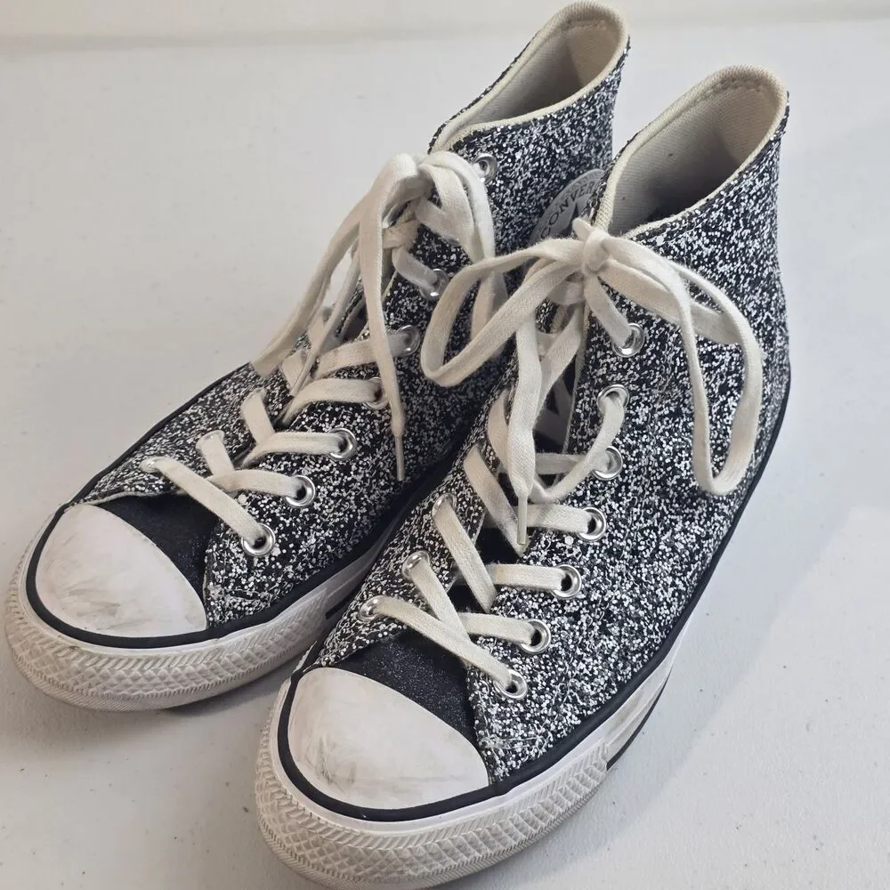 Converse Platform High Top Sneakers Chuck Taylor Glittery Silver Black Womens 9 - Picture 6 of 8
